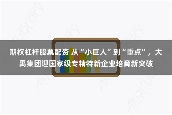 期权杠杆股票配资 从“小巨人”到“重点”，大禹集团迎国家级专精特新企业培育新突破